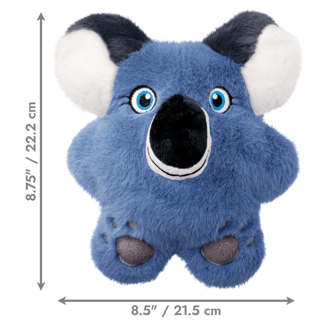 Blue plush KONG Snuzzles koala toy with white and black ears, blue eyes, and a black nose, shown on a white background with dimension arrows and text indicating 8.5 inches by 8.75.