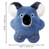Blue plush KONG Snuzzles koala toy with white and black ears, blue eyes, and a black nose, shown on a white background with dimension arrows and text indicating 8.5 inches by 8.75.