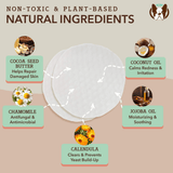 Product infographic for the Natural Dog Company Paw Wipes with natural ingredients and their benefits on a beige background