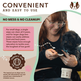 Person holding a dog and using a product with text about convenience and ease of use of the Natural Dog Company Paw Wipes.