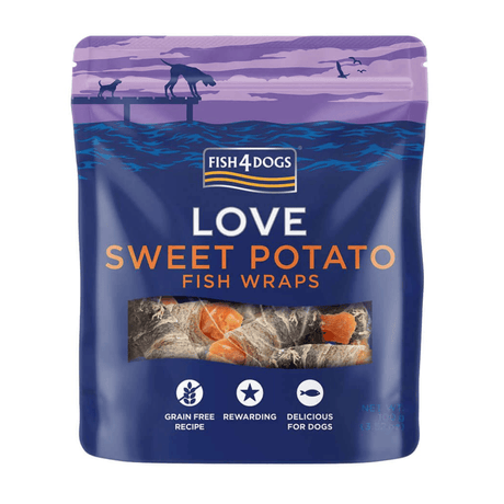 Package of Fish4Dogs Love Sweet Potato Fish Wraps on a white background