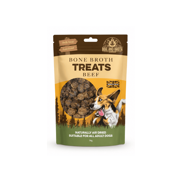 A 70g stand-up pouch of Boil and Broth Bone Broth Treats Beef for adult dogs, featuring a Corgi illustration and a clear window showing the round chopped sausage shaped treats inside.