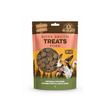 A 70g stand-up pouch of Boil and Broth Bone Broth Treats Pork for adult dogs, featuring a Corgi illustration and a clear window showing round chopped sausages shaped treats inside.