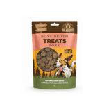 A 70g stand-up pouch of Boil and Broth Bone Broth Treats Pork for adult dogs, featuring a Corgi illustration and a clear window showing round chopped sausages shaped treats inside.