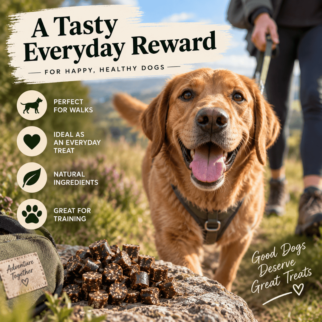 Golden retriever outdoors on a trail with a person holding a leash in the background, next to a pile of small bone broth treats. Large text reads 'A Tasty Everyday Reward For Happy, Healthy Dogs' with feature callouts including perfect for walks, ideal as an everyday treat, natural ingredients, and great for training.