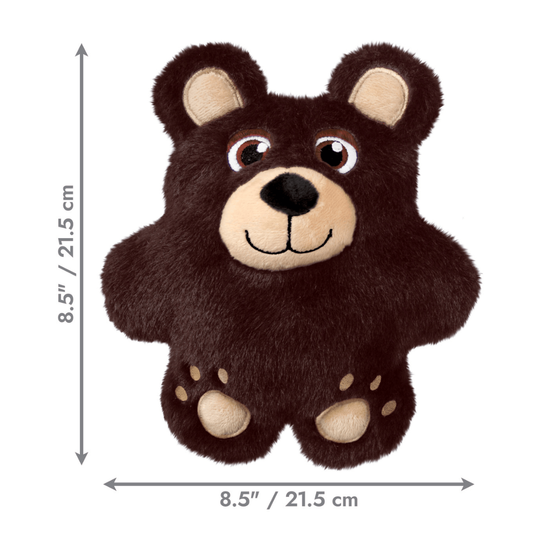 A Kong Snuzzles brown plush teddy bear toy centered on a white background, with measurement arrows and text indicating a height and width of 8.5 inches 