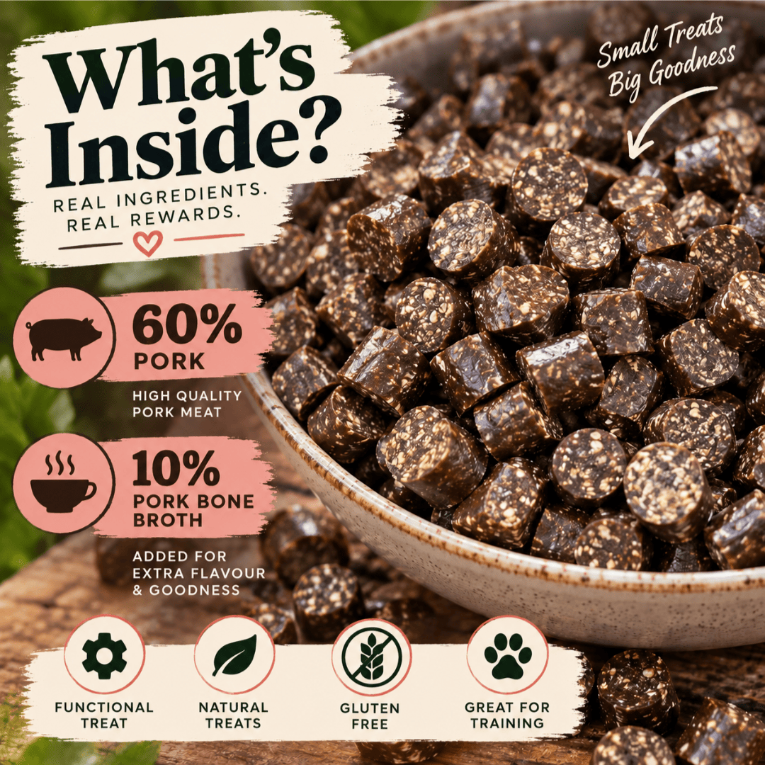A promotional product graphic for boil and broth bone broth dog treats showing a bowl filled with the treats. Large text reads 'What's Inside?' and 'Small Treats Big Goodness,' with callouts stating '60% Pork' and '10% Pork Bone Broth'