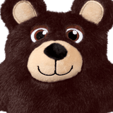 Close-up of a plush bear face in dark brown with a beige snout, black nose, and embroidered eyes on a white background.