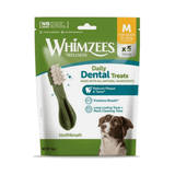 Whimzees Wellness Daily Dental Treats for dogs in a green and white resealable pouch, featuring a toothbrush graphic and a brown and white dog photo, with 'M' size indicated for dogs 12-30 kg.