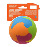 A Nerf Rubber Super Bouncy Ball. The toy features sections of blue, orange, green, purple, and pink, and the packaging displays product details and a Hasbro logo.