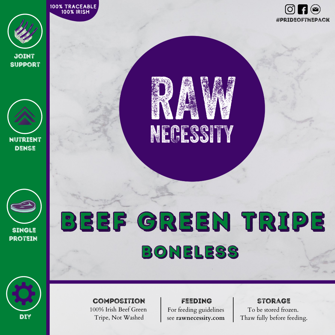 Label for Raw Necessity Beef Tripe.