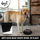 Labrador with a anti gulp bowl with the text "anti skid base keeps the bowl in place"