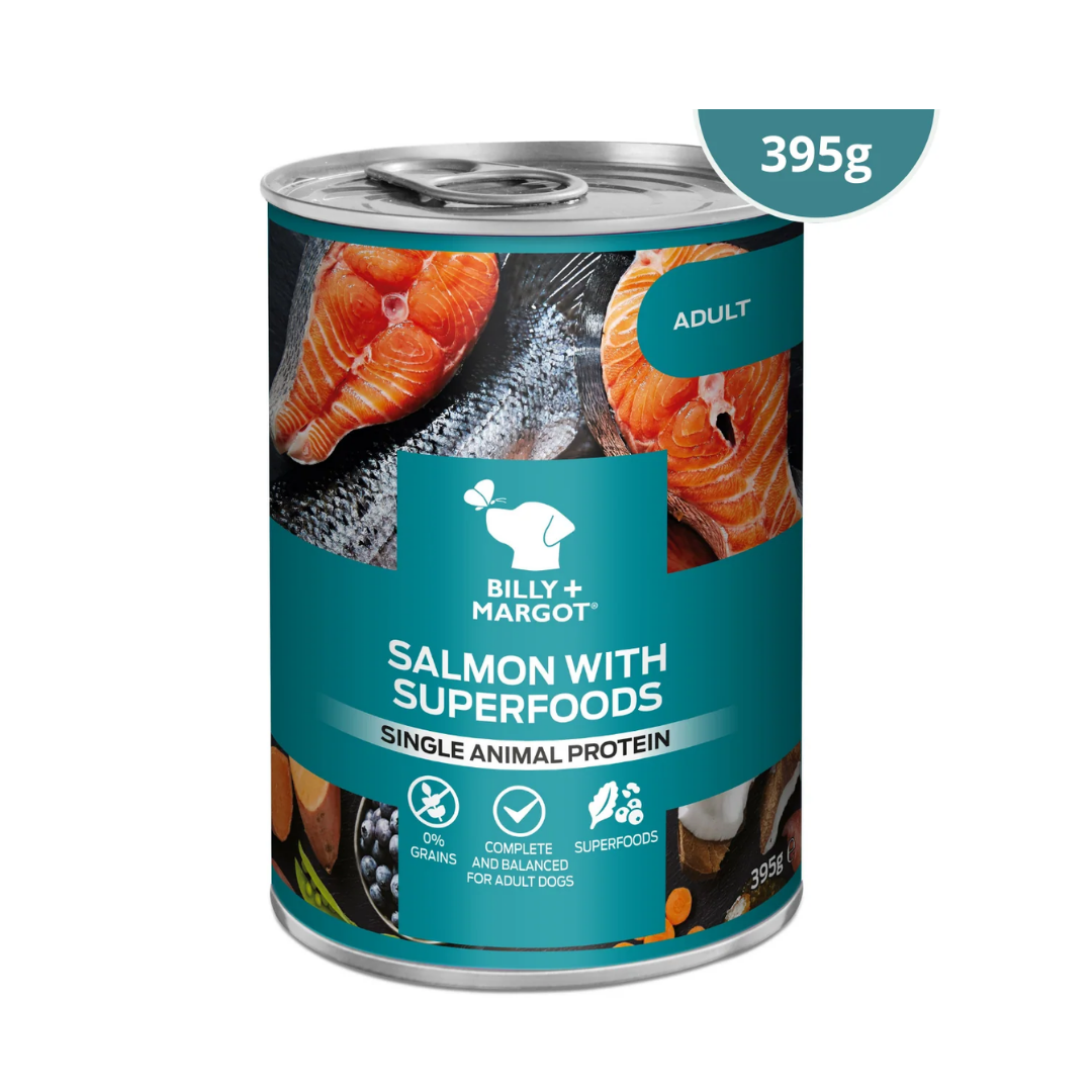 Tin of Billy & Margot Salmon with Superfoods wet dog food.