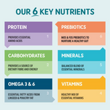 Our 6 Key Nutrients: Protein, Prebiotics, Carbohydrates, Minerals, Omega 3 & 6, Vitamins.