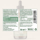 Vial with label containing text and product details on a white background