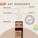 Key Ingredients: Almond oil, lavender, vitamin E, Cocoa butter, Chamomile.