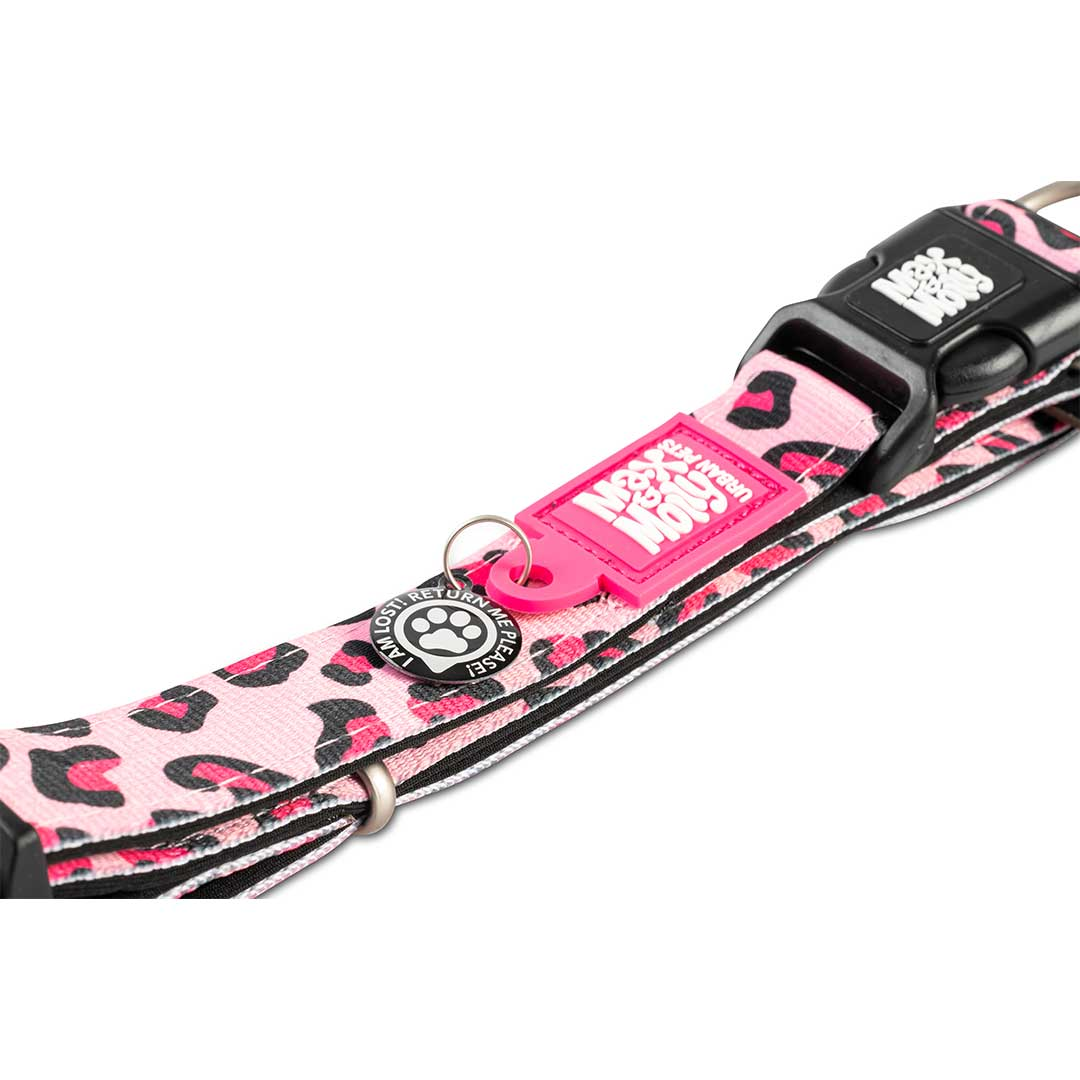Close up view of Max and Molly Pink Leopard dog collar