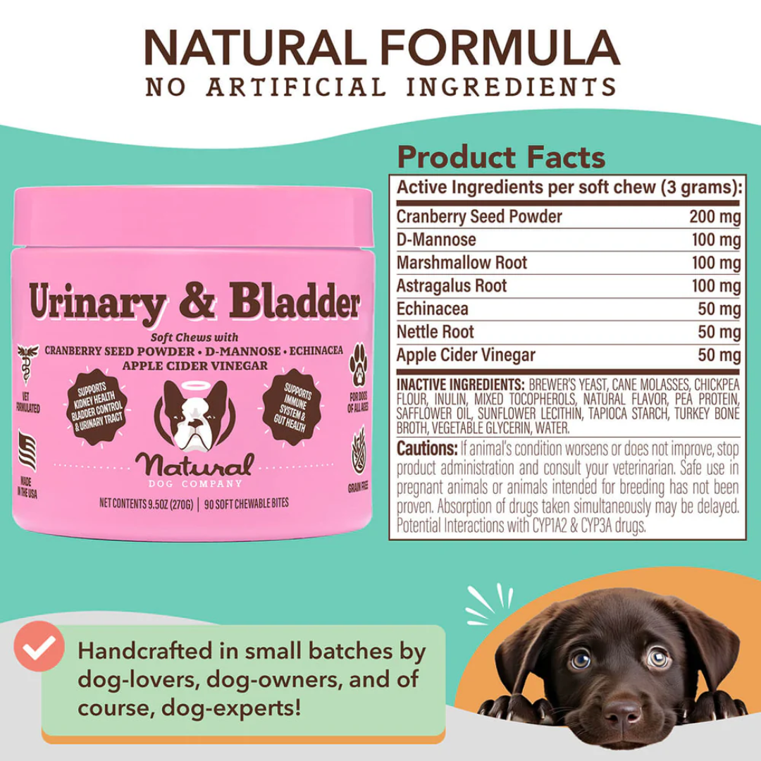 The nutritional analysis per one chew of The Natural Dog Company Urinary and Bladder chews. 