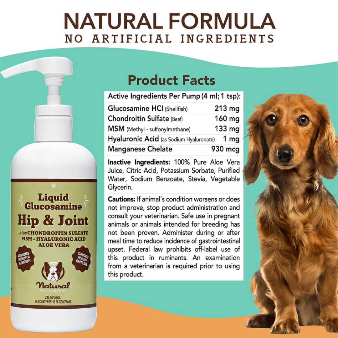 The ingredients list and cautions of the Natural Dog Company Liquid Glucosamine. Found on the back of the bottle.