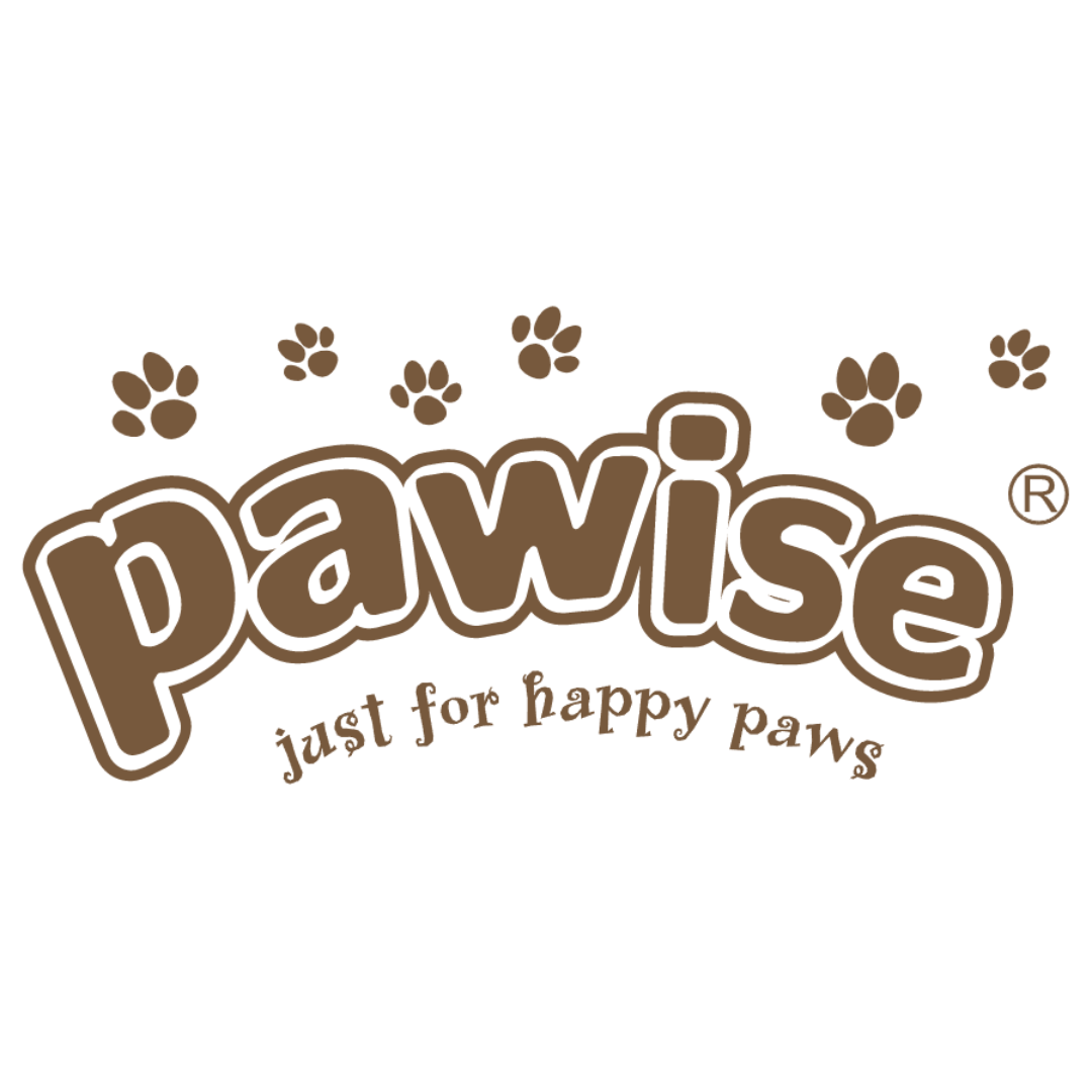 Pawise logo in brown. Dog prints above. 'just for happy paws' below.