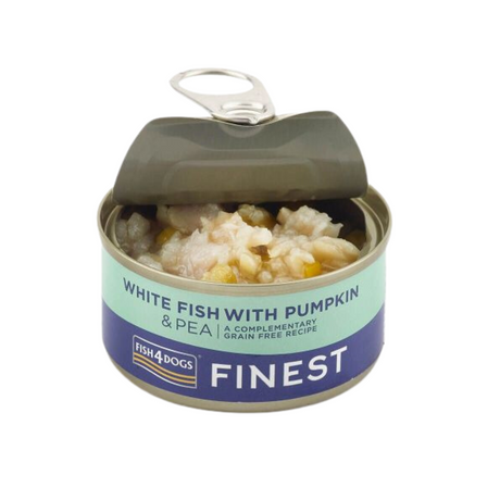 Open can of Fish 4 Dogs Finest Complimentary White Fish with Pumpkin and Pea wet food.