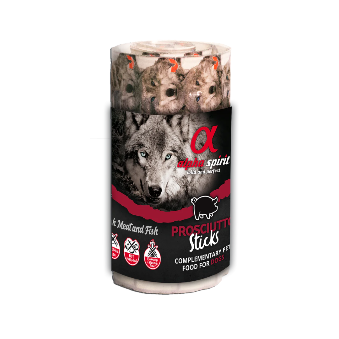 Alpha Spirit Prosciutto Sticks Dog Treats 16 pack against a white background