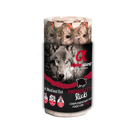 Alpha Spirit Prosciutto Sticks Dog Treats 16 pack against a white background