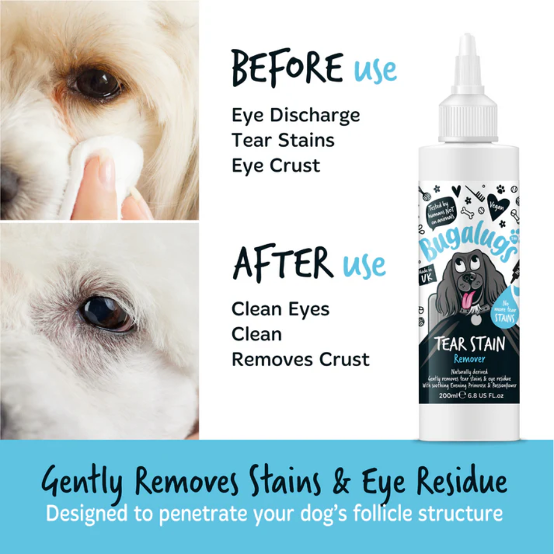 Infographic from Bugalugs website of their Tear Stain Remover. Before and after results are of the use of this product.