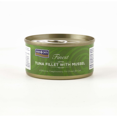The Fish 4 Cats Tuna with Green Lipped Mussel 70g tin. The tin is against a white background.