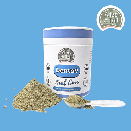 Mound of Atlas and Tail Denta9, beside a scoop of denta9, in front of a tub of denta9.