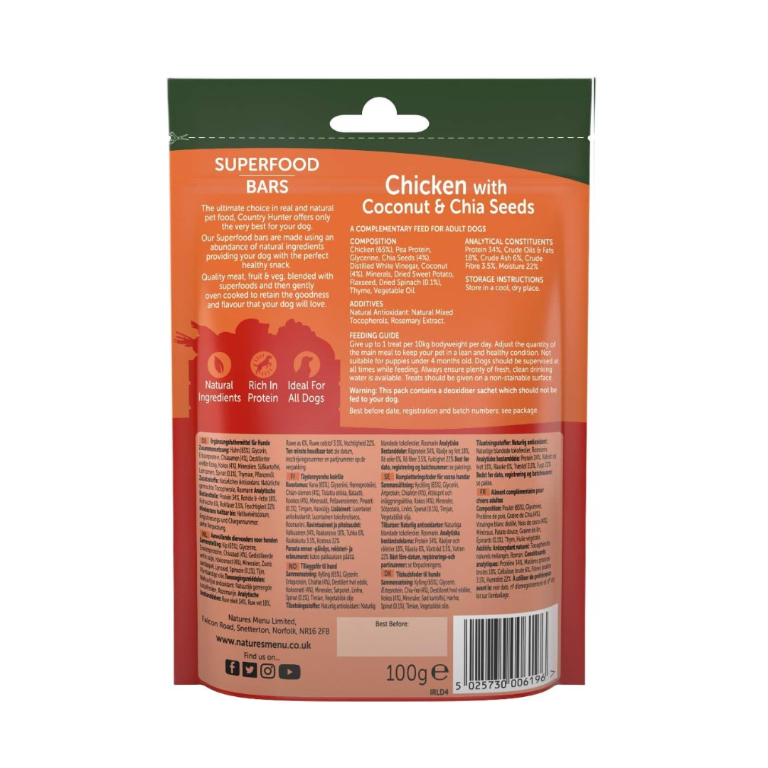 The back of the Country Hunter Chicken Superfood Bars packet. All information is displayed here.