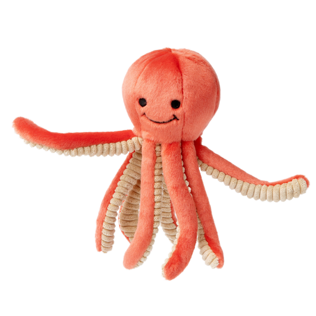 Fluff & Tuff Squirt Octopus Plush Dog Toy against a white background. Toy is a coral colour with a textured beige underside of the tentacles. 