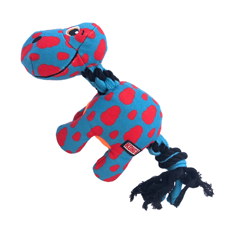 Side view of the blue and red Kong Signature Dynos dog toy.