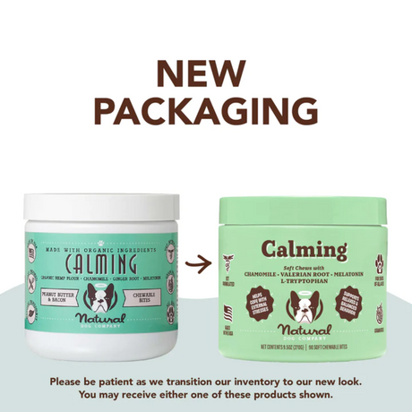 New packaging beside the old packaging of the Natural Dog Company Calming Chews
