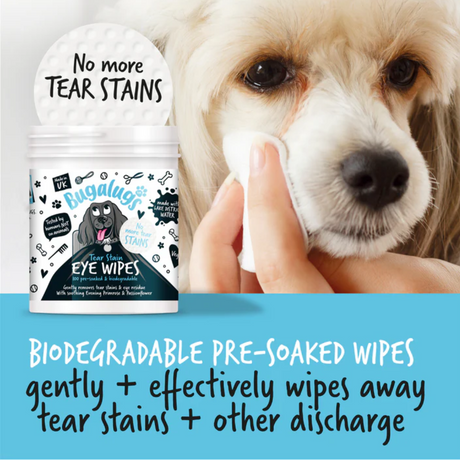 Infographic from Bugalugs website of their Tear Stain Remover wipes being used on a dog