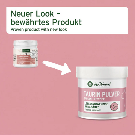 The older and new packaging of the Aniforte Taurine Powder for Cats.