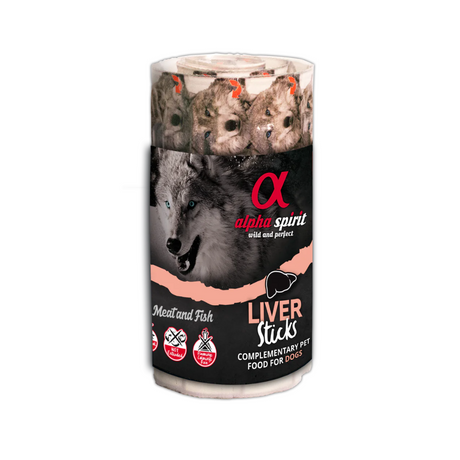 Alpha Spirit Liver Sticks Dog Treats 16 pack against a white background 