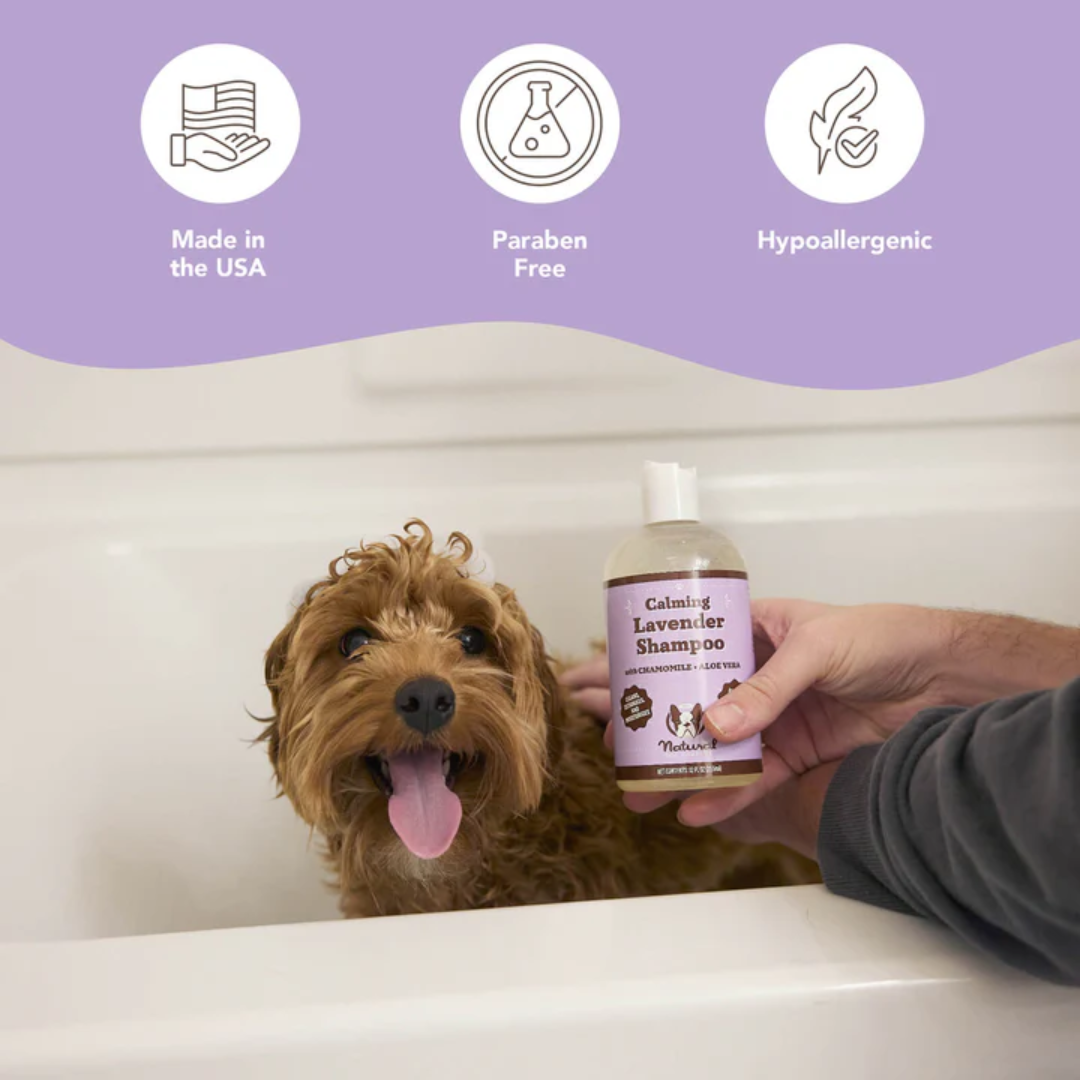 Dog in a bath with a human hand holding a bottle of Calming Lavender Shampoo, with icons "Made in the USA. Paraben Free. Hypoallergenic."