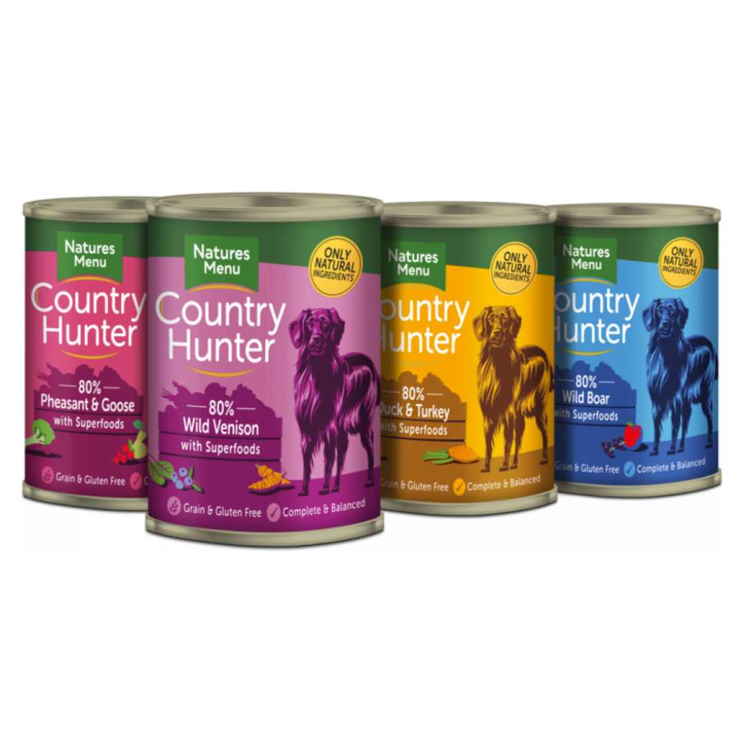 The contents of the Country Hunter Game Selection shown here. You receive 3 of each flavour. Tins from left to right. Pheasant & Goose, Wild Venison, Duck & Turkey, Wild Boar.