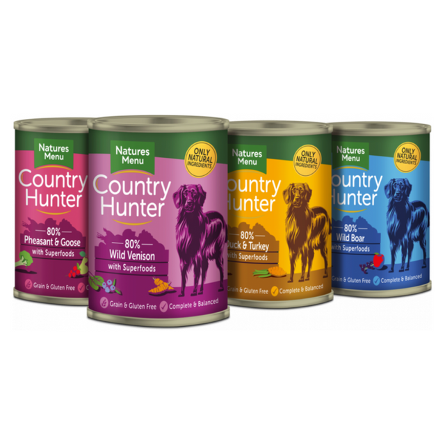 The contents of the Country Hunter Game Selection shown here. You receive 3 of each flavour. Tins from left to right. Pheasant & Goose, Wild Venison, Duck & Turkey, Wild Boar.