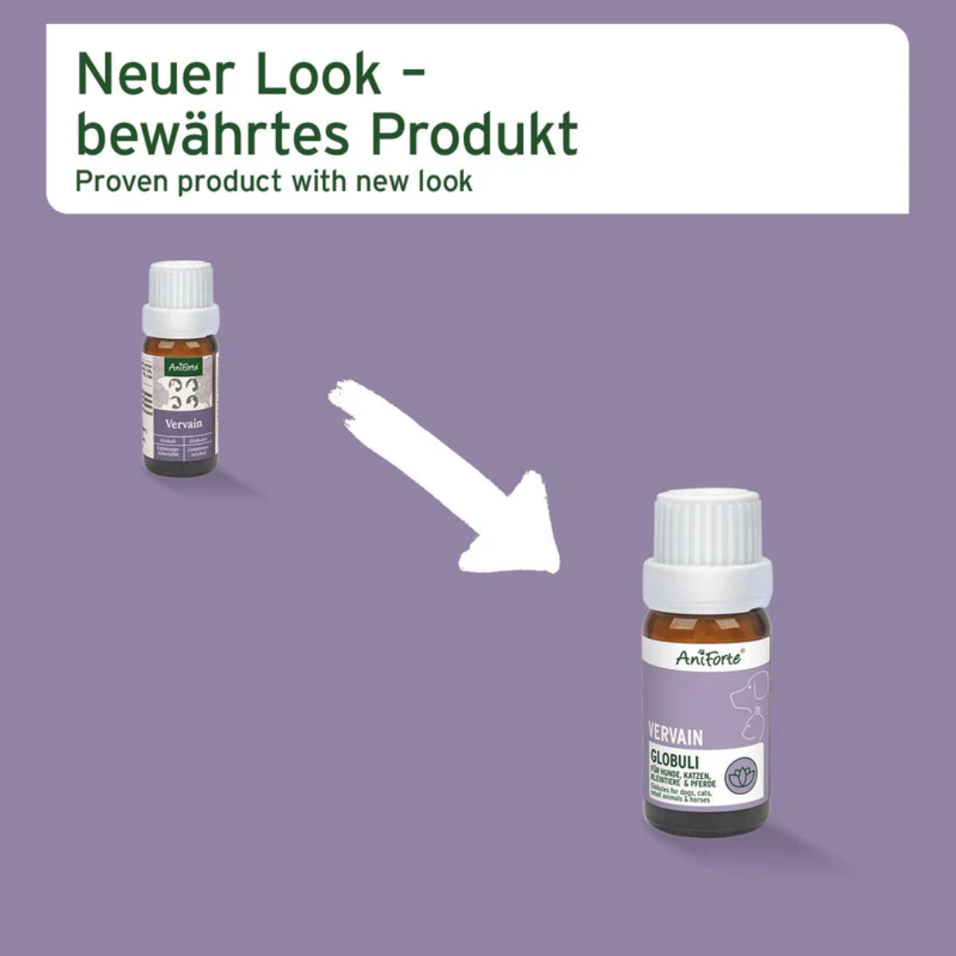 The older and newer packaging for the Aniforte Vervain Globules.