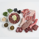 Raw ingredients of Paleo Ridge Plus Pork and Apple raw dog food.