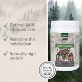 Image of a AniForte BARF Complete tub with the text "Optimal BARF All-Round Care, Maintains the metabolism, Naturally High Protein"