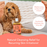 Red dog with a bottle of The Natural Dog Company Itchy Dog Shampoo with the text "Natural cleansing relief for Recurring skin irritations. Washes away surface-level irritants. Sooth and hydrates dry and itchy skin."