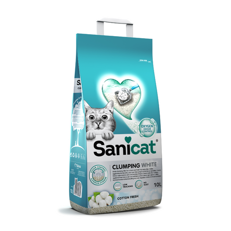 Bag of Sanicat Clumping white cotton fresh cat litter.