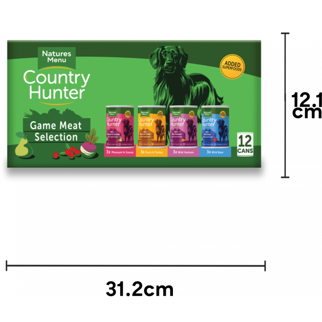 The packaging of the Country Hunter Game Selection. The dimensions of the box are W 31.2cm x H 12.1cm
