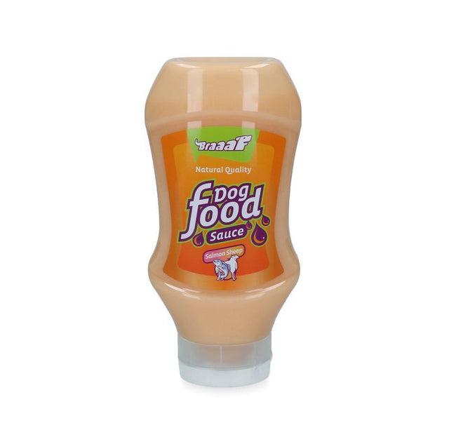 Bottle of Braaaf Dog Food Sauce Salmon and Sheep