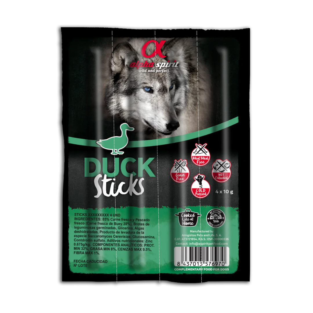 Alpha Spirit Duck Stick Dog Teats, 4 pack against a white background