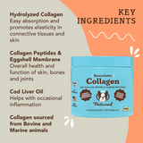 Key Ingredients - Hydrolyzed Collagen, Collagen Peptides & Eggshell Membrane, Cod Liver Oil, Collagen Sourced from Bovine and Marine animals.