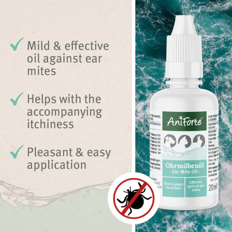 Bottle of AniForte Ear Mite Oil with the text "Mild and effective against ear mites, helps with accompanying itchiness, pleasant and easy application"
